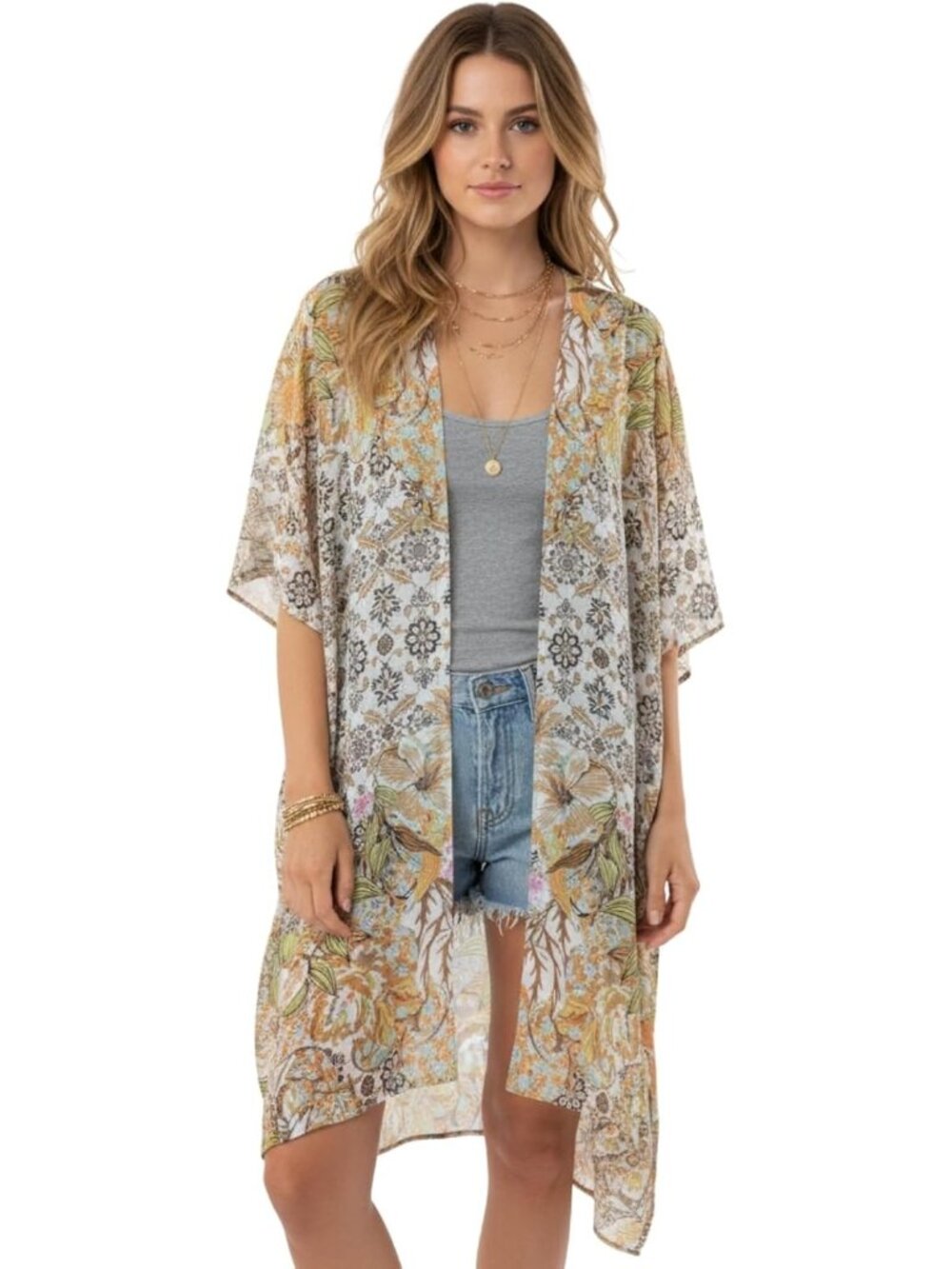 Women Rz Champagne Blossom Viscose Summer Lightweight Boho Kimono Cardigan